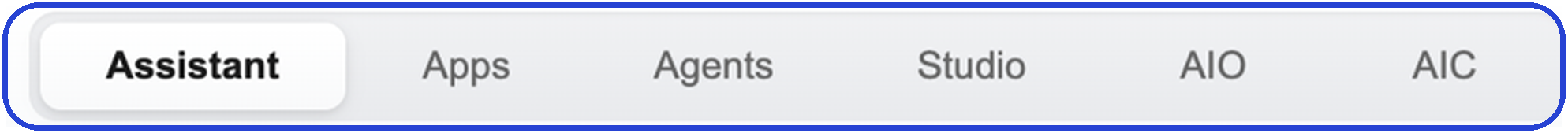 The six portal tabs: Assistant, Apps, Agents, Studio, AIO, AIC